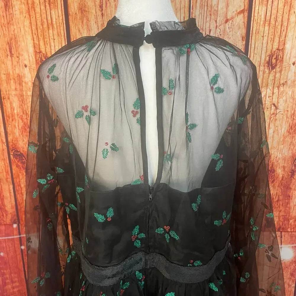 NWT Unique Vintage Holiday Dress Size 1X/16 Party Mistletoe Long Sleeve Mesh